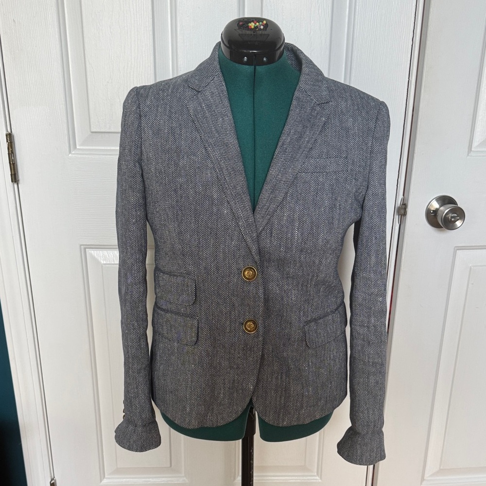 JCrew Blue/white herringbone blazer with Gold Buttons